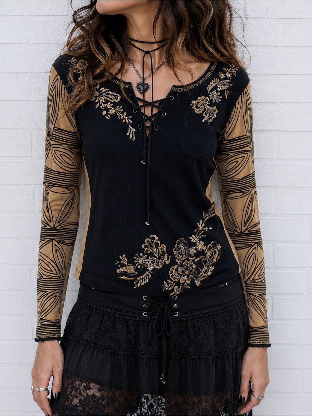 Vintage Y2K Krista Lee Embroidered Lace Up Top Sheer Back Black Tan S NWT